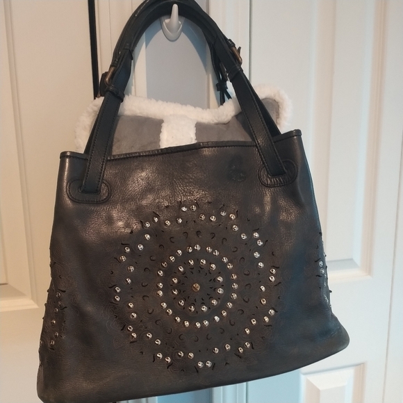 Platania Studded Lazer Cut Black Italian Leather Satchel with Swirl Design - Picture 3 of 14